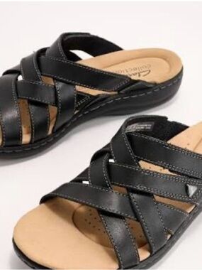 Clarks Black Leather Slide Sandals for Women